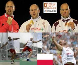 yapboz discus içinde Piotr Malachowski şampiyonu, Piotr Malachowski ve Róbert Fazekas (2 ve 3) Avrupa Atletizm Şampiyonası&#039;nda Barcelona 2010 atma